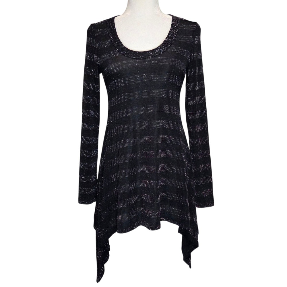 Karen Kane Sparkly Black Tunic Top Stripe Whimsigoth Fairy Grunge Y2K Size Small